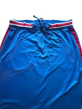 Athletic Blue Zip Pocket Midi Skirt | Sporty Retro Side Stripe Skirt